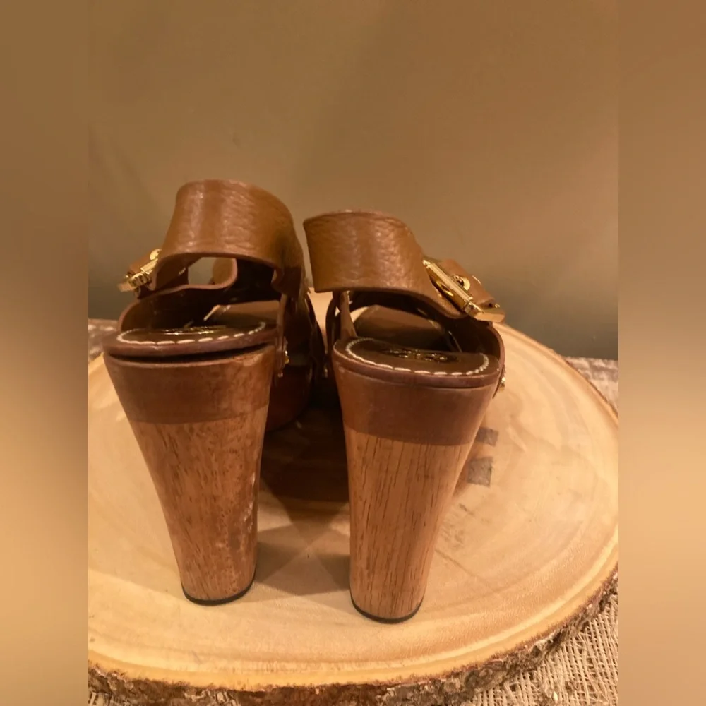 Tory Burch Brown Woven Leather Chunky Wooden Platform Heel Jodie Sandal size 8.5
